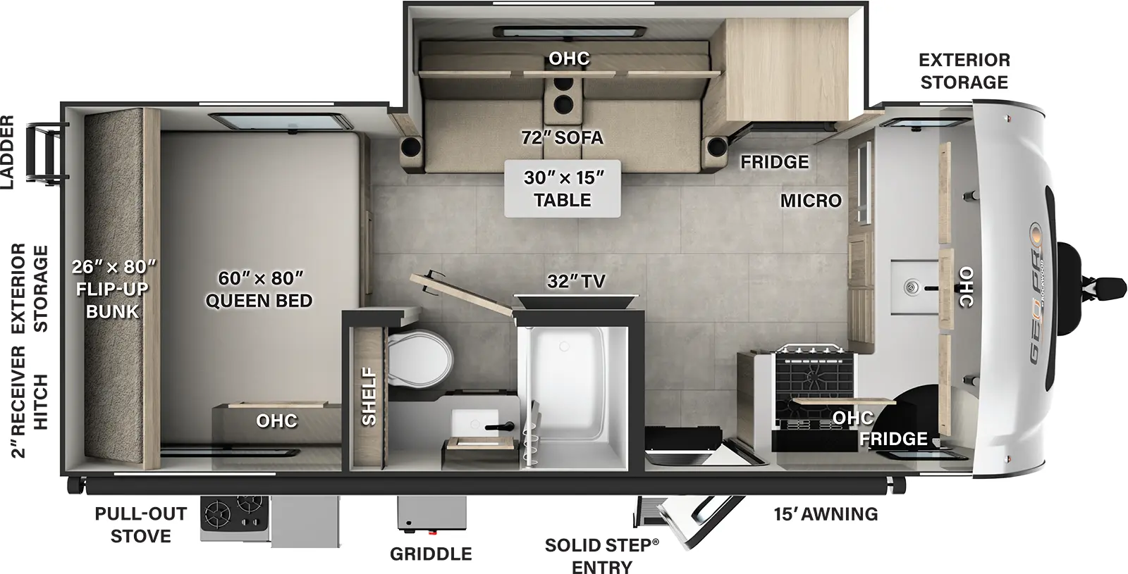 The Rockwood Geo Pro G20FK floorplan has one entry and one slide out. Exterior features include: fiberglass exterior, 15' awning and outside kitchen. Interiors features include: bunk beds, front kitchen and rear bedroom.